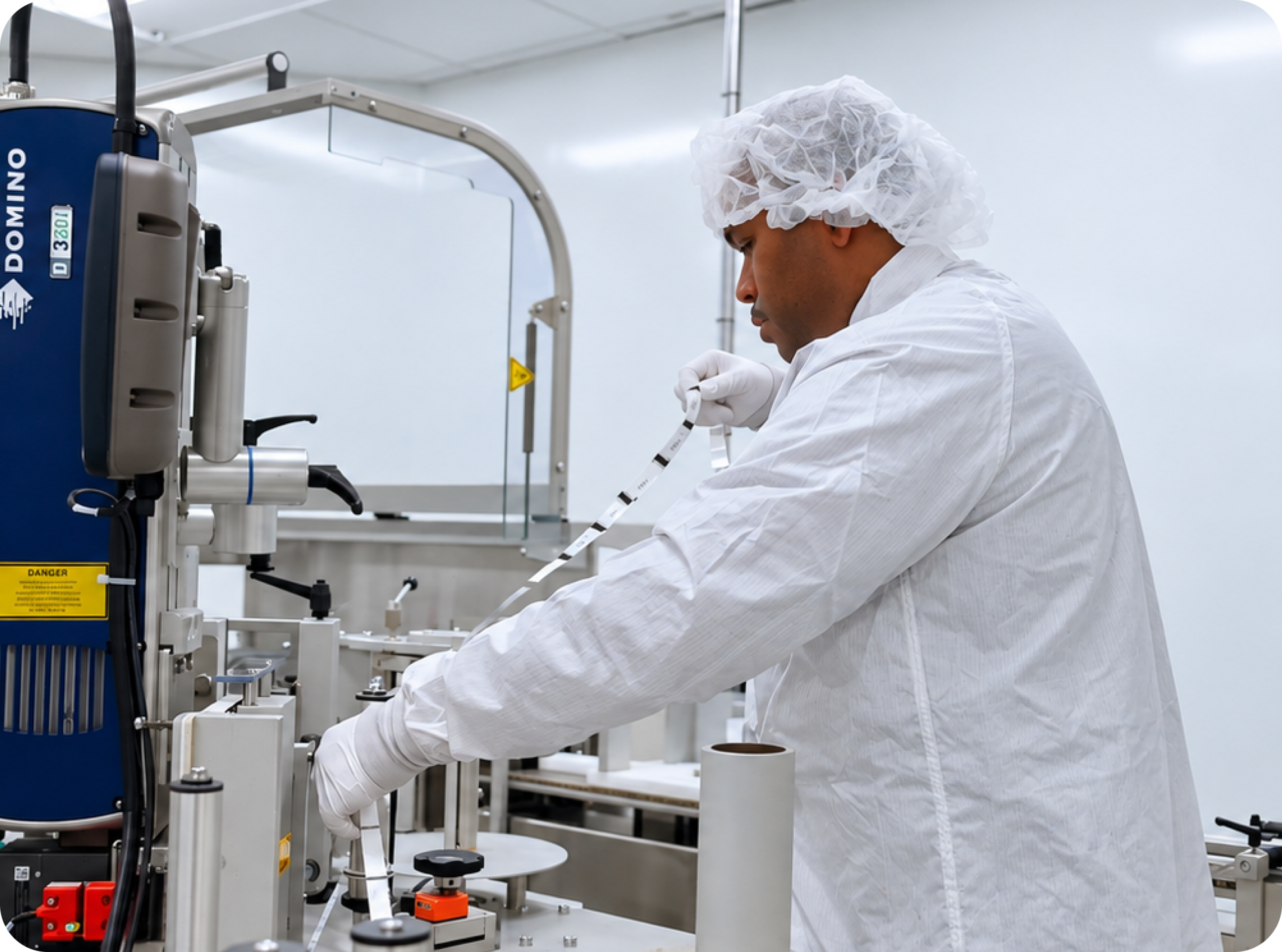 A cleanroom technician operating packaging and labeling equipment